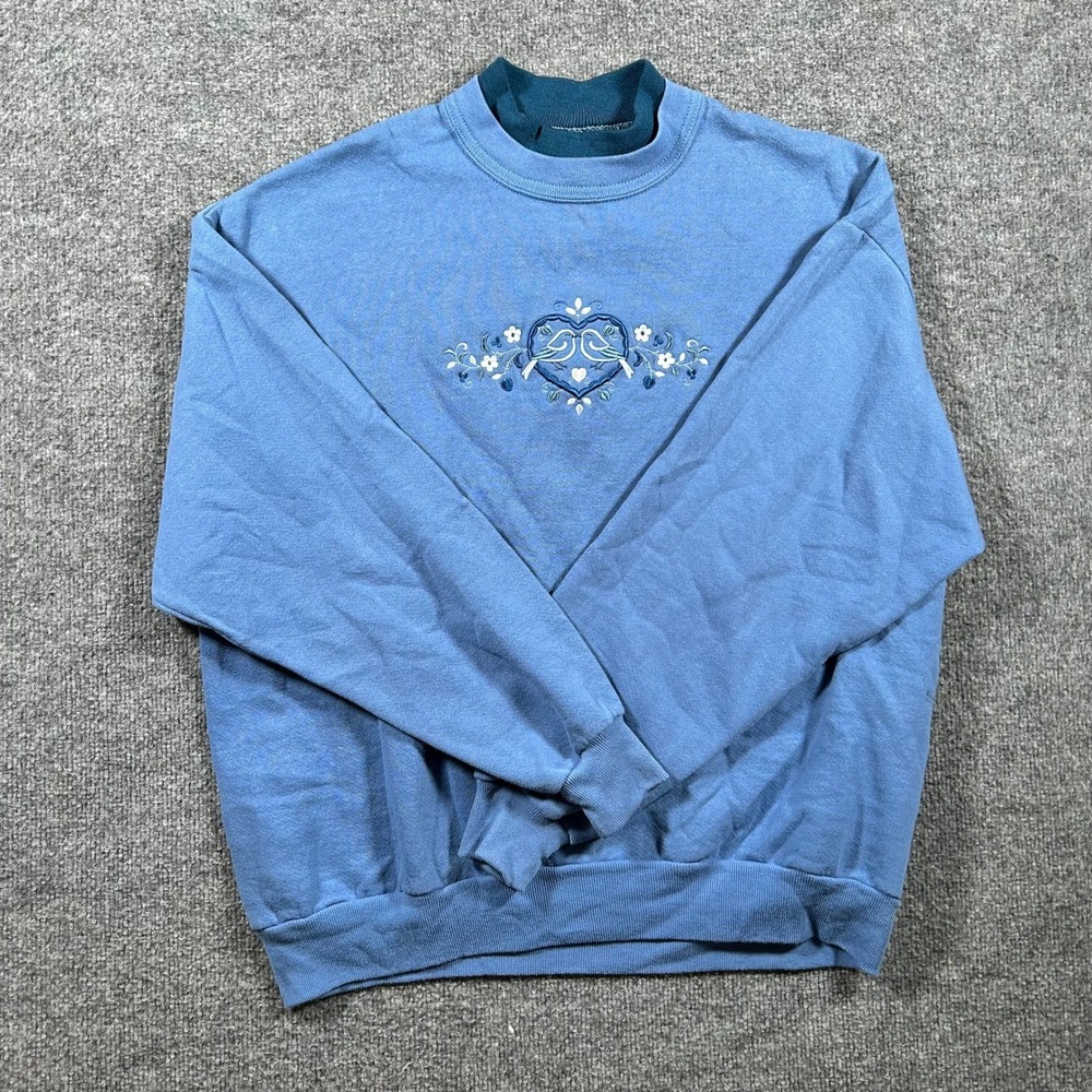 Vintage Sweatshirt Womens Size XL Blue Embroidered Bird Heart Double Collar USA